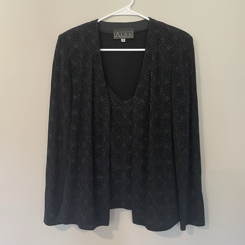 Alex Evenings Size M Black Glitter Sequin Twin Set Tank Jacket Topper Cocktail